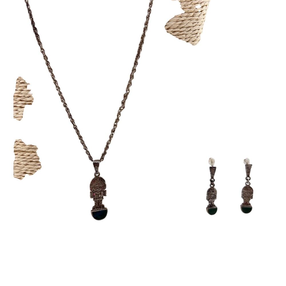 Vintage Peruvian 950 Sterling Silver Tumi Inlaid Stone Jewelry Set